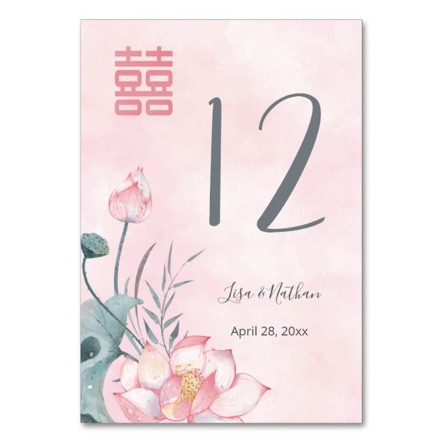 Lotus Blume Chinese Wedding Tischnummer (Vorderseite)