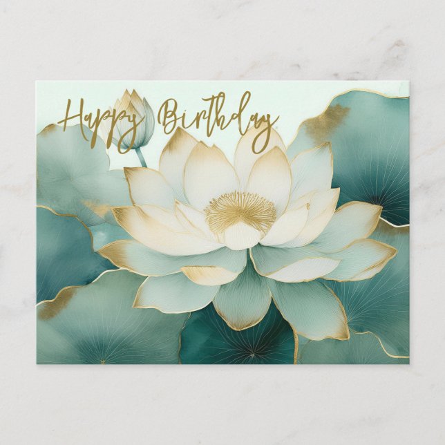 Lotus Blume Gold Kanten Happy Birthday Postkarte (Vorderseite)