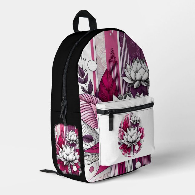 Lotus-Blume, in magenta, schwarz und weiß Bedruckter Rucksack (Rückseitige Ecke links)