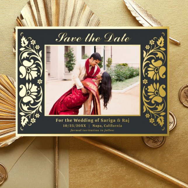 Lotus Blume Indianerin Save the Date mit Foto Gold Folieneinladung (Black Indian wedding save the date card with photo, hindu wedding save the date card, lotus flower)