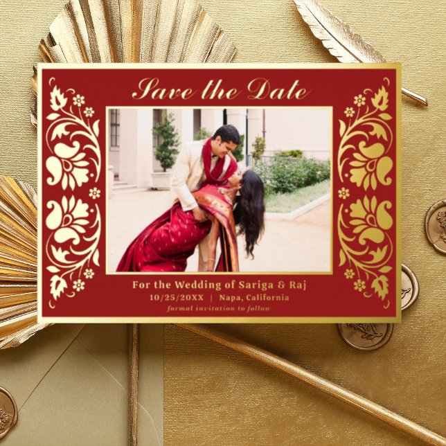 Lotus Blume Indianerin Save the Date mit Foto Gold Folieneinladung (Red Indian wedding save the date card with photo, hindu wedding save the date card, lotus flower)
