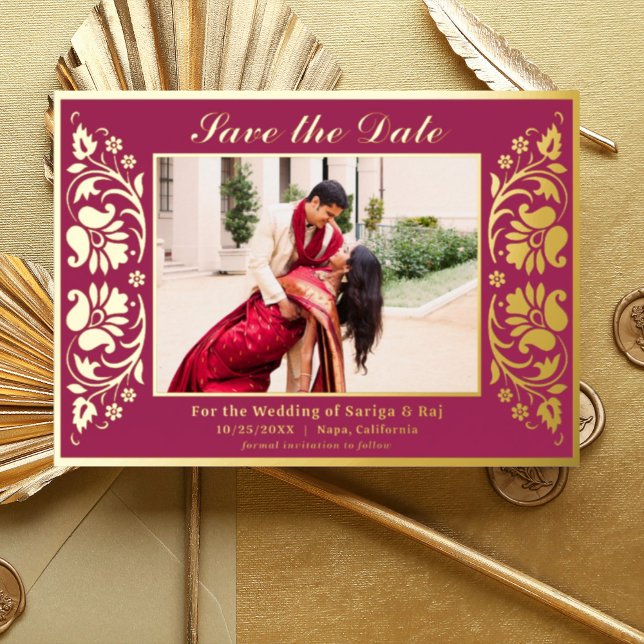 Lotus Blume Indianerin Save the Date mit Foto Gold Folieneinladung (Pink Indian wedding save the date card with photo, hindu wedding save the date card, lotus flower)
