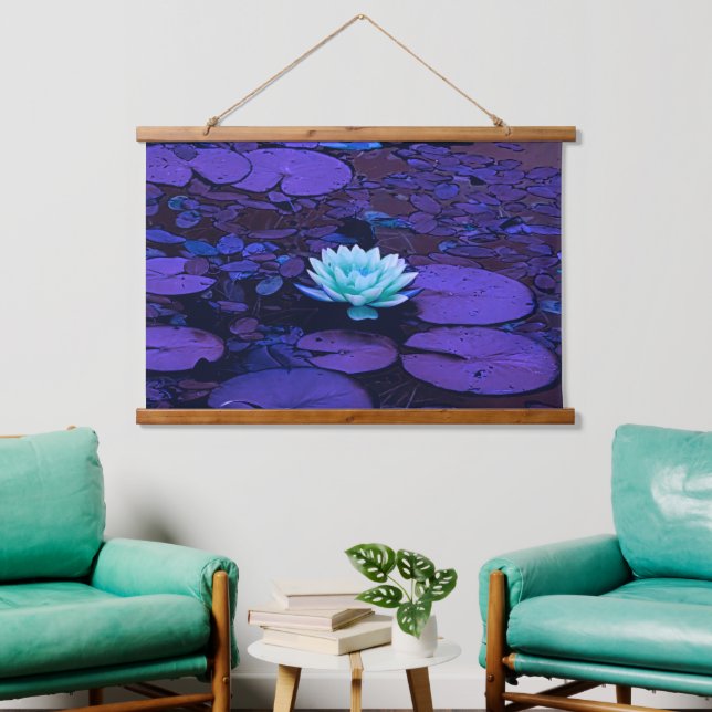 Lotus Blume Lila Blue Türkise Floral Pond Zen Wandteppich Mit Holzrahmen (Wohnzimmer)