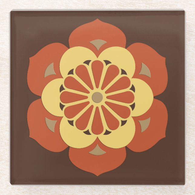 Lotus Blume Mandala, Braun, Rost und Gelb Glasuntersetzer (Vorderseite)