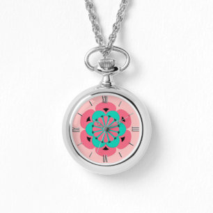 Lotus Blume Mandala, Coral Pink und Türkis Armbanduhr