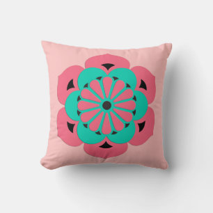 Lotus Blume Mandala, Coral Pink und Türkis Kissen