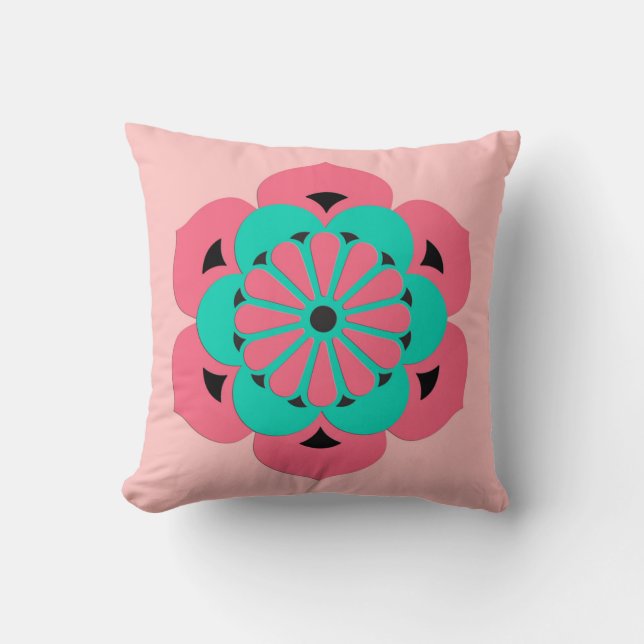 Lotus Blume Mandala, Coral Pink und Türkis Kissen (Vorderseite)