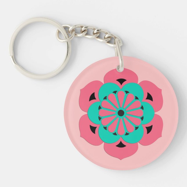 Lotus Blume Mandala, Coral Pink und Türkis Schlüsselanhänger (Vorderseite)