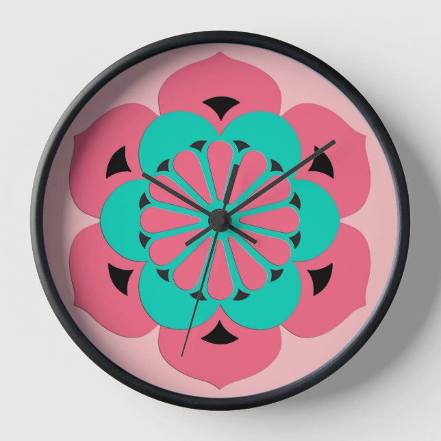 Lotus Blume Mandala, Coral Pink und Türkis Wanduhr (Vorderseite)