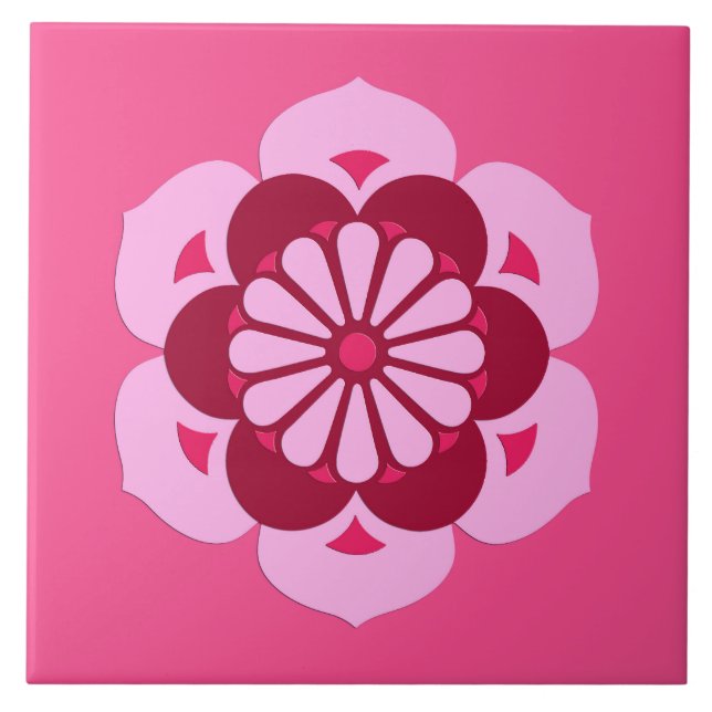 Lotus Blume Mandala, Fuchsia Pink und Burgund Fliese (Vorderseite)