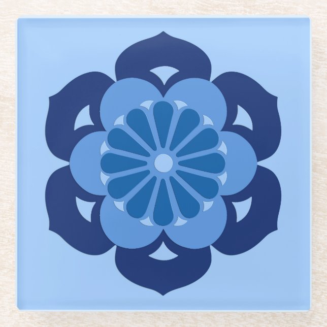 Lotus Blume Mandala, Indigo und Light Blue Glasuntersetzer (Vorderseite)