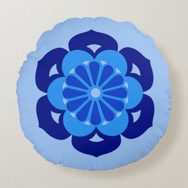 Lotus Blume Mandala, Indigo und Light Blue Rundes Kissen (Vorderseite)