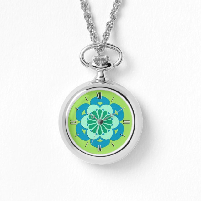 Lotus Blume Mandala, Lime Green und Light Blue Armbanduhr (Vorderseite)