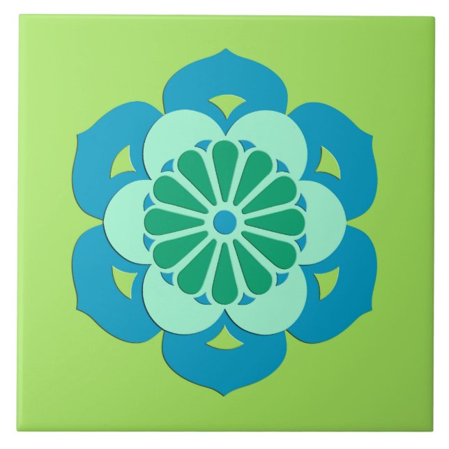 Lotus Blume Mandala, Lime Green und Light Blue Fliese (Vorderseite)