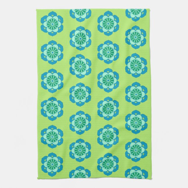 Lotus Blume Mandala, Lime Green und Light Blue Geschirrtuch (Vertikal)