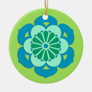 Lotus Blume Mandala, Lime Green und Light Blue Keramik Ornament