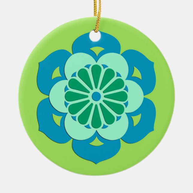 Lotus Blume Mandala, Lime Green und Light Blue Keramik Ornament (Vorne)