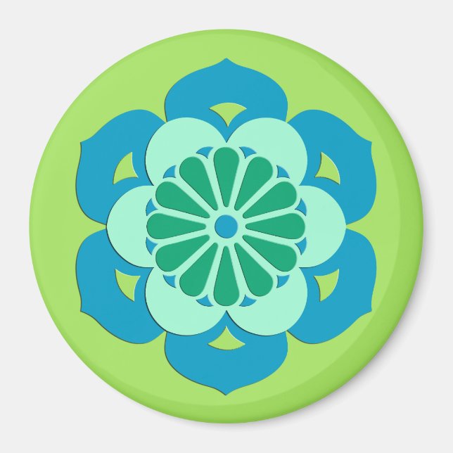 Lotus Blume Mandala, Lime Green und Light Blue Magnet (Vorne)