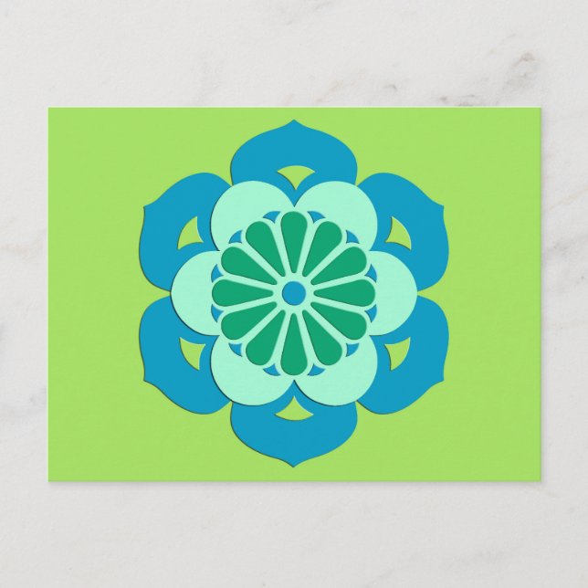 Lotus Blume Mandala, Lime Green und Light Blue Postkarte (Vorderseite)