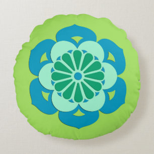 Lotus Blume Mandala, Lime Green und Light Blue Rundes Kissen