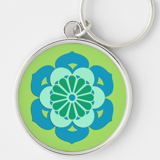 Lotus Blume Mandala, Lime Green und Light Blue Schlüsselanhänger (Vorne)