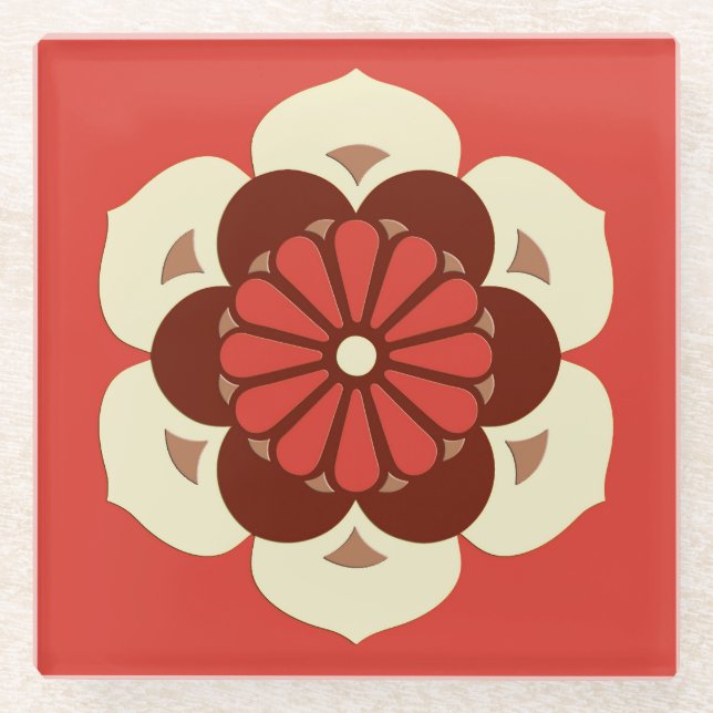 Lotus Blume Mandala, Mandarin Orange Glasuntersetzer (Vorderseite)