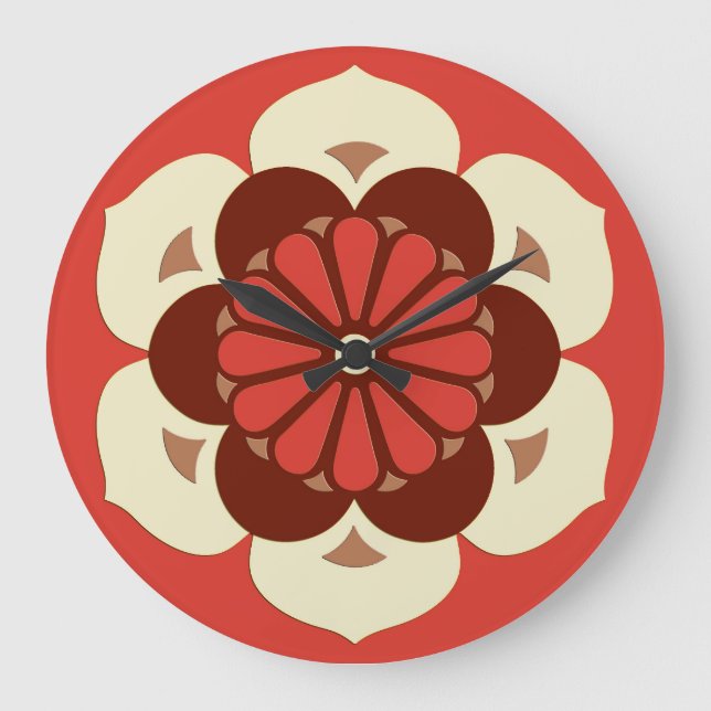 Lotus Blume Mandala, Mandarin Orange Große Wanduhr (Vorderseite)