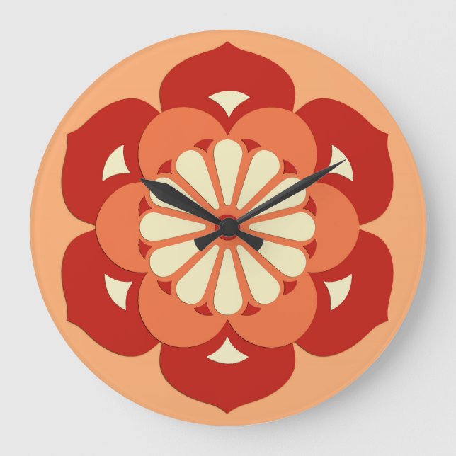 Lotus Blume Mandala, Pastel Orange und Mandarin Große Wanduhr (Vorderseite)