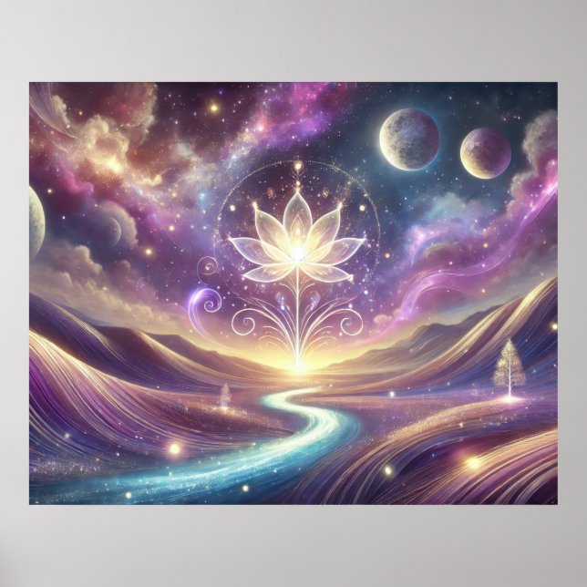 Lotus-Blume mit kosmischem Himmel und fließendem F Poster (Vorne)