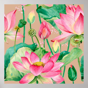 Lotus-Blume nahtlos. botanische Aquarellmuster Poster