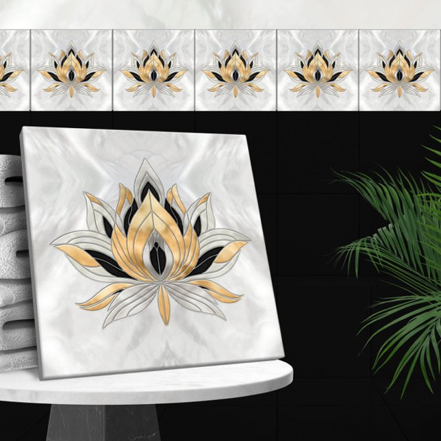 Lotus Blume - Schwarz, Perle und Gold Fliese (Von Creator hochgeladen)