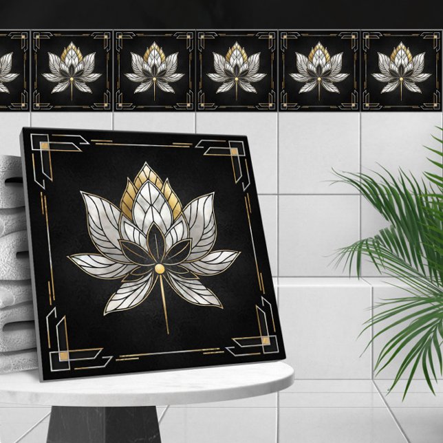 Lotus Blume - Schwarz, Perle und Gold Fliese (Von Creator hochgeladen)