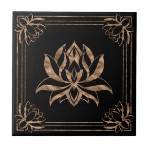 Lotus Blume Square Ornament - Schwarz und Gold Fliese