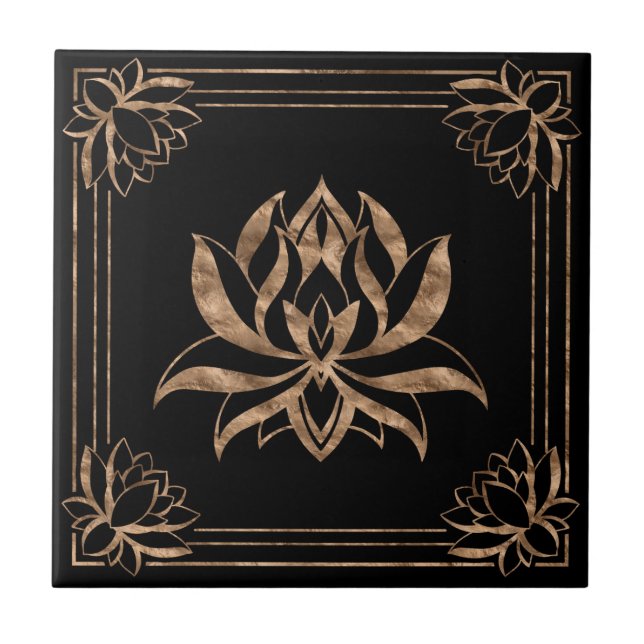 Lotus Blume Square Ornament - Schwarz und Gold Fliese (Vorderseite)