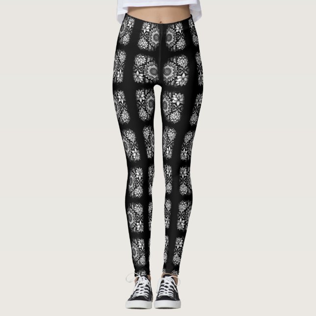 Lotus-Blume und -Mandalase in Schwarzweiß Leggings (Vorderseite)