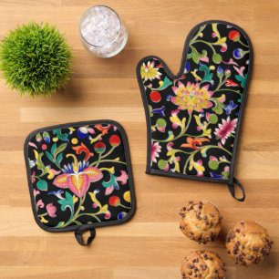 Lotus Blume und Wein Ofenhandschuh & Topflappen-Set