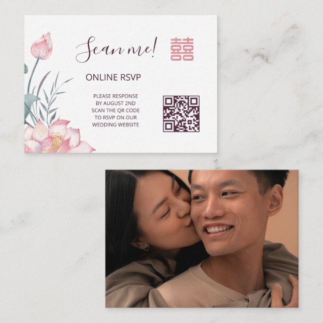 Lotus Chinese Wedding QR Code UAWG Online Begleitkarte (Vorne/Hinten)