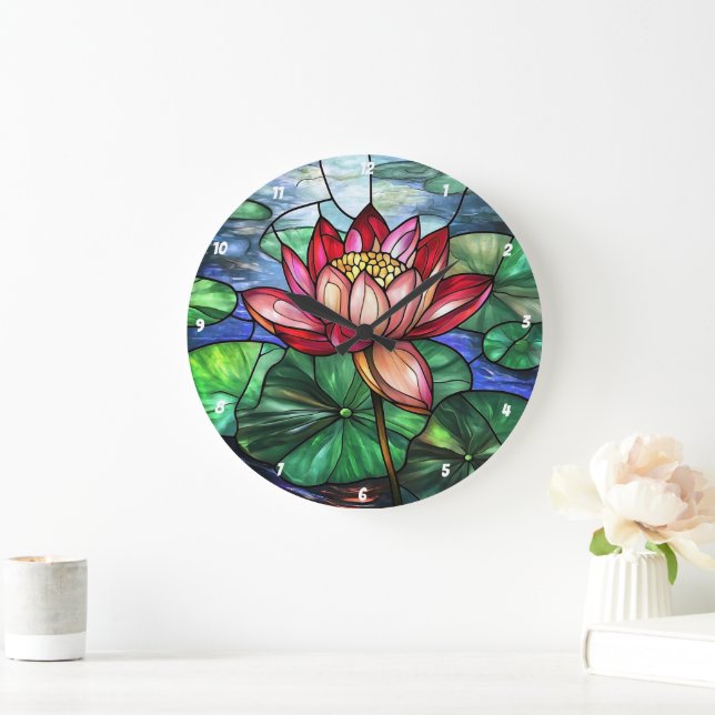 Lotus Floral Pond festes Glas Große Wanduhr (Zuhause)