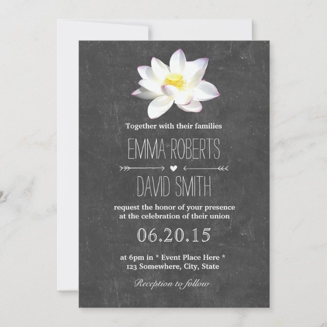 Lotus Floral Rustic Chalkboard Wedding Einladung (Vorderseite)