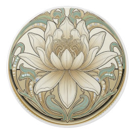 Lotus Flower Green Cream Gold Art Deco Nouveau Keramikknauf