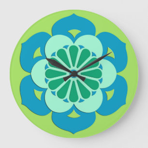 Lotus Flower Mandala, Lime Green and Light Blue Große Wanduhr