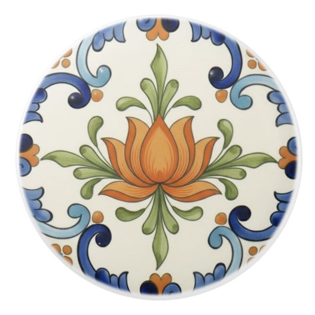 Lotus Flower Mediterranean Blue Cream Keramikknauf (Vorderseite)