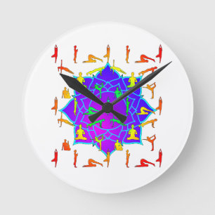 Lotus Flower With Yoga Poses Runde Wanduhr
