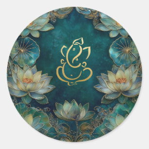 Lotus Indian Ganesh Wedding Green Gold Runder Aufkleber