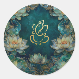 Lotus Indian Ganesh Wedding | Green Gold Runder Aufkleber