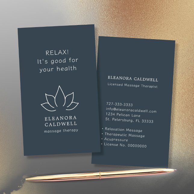 Lotus-Lotus-Logo für Massage-Therapie auf Kohle gr Visitenkarte (Massage Therapy Lotus Logo White on Charcoal Gray Business Card)