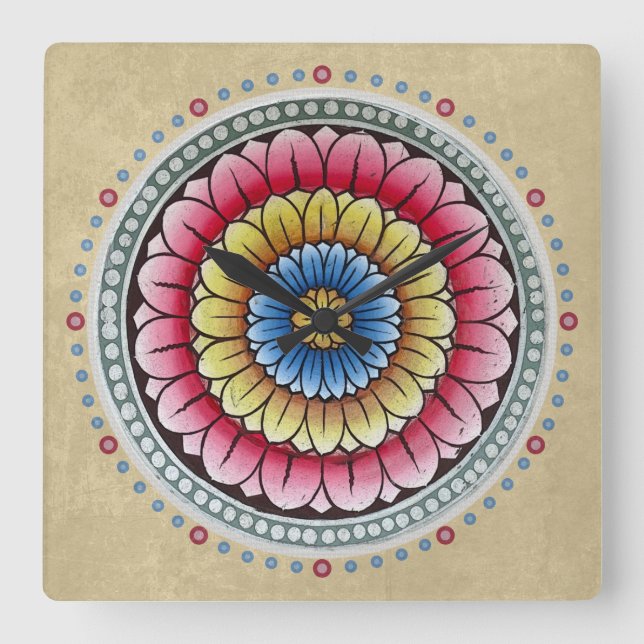 Lotus Mandala Clock Quadratische Wanduhr (Vorderseite)