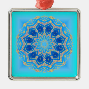 Lotus mandala in Türkis und Blau Silbernes Ornament