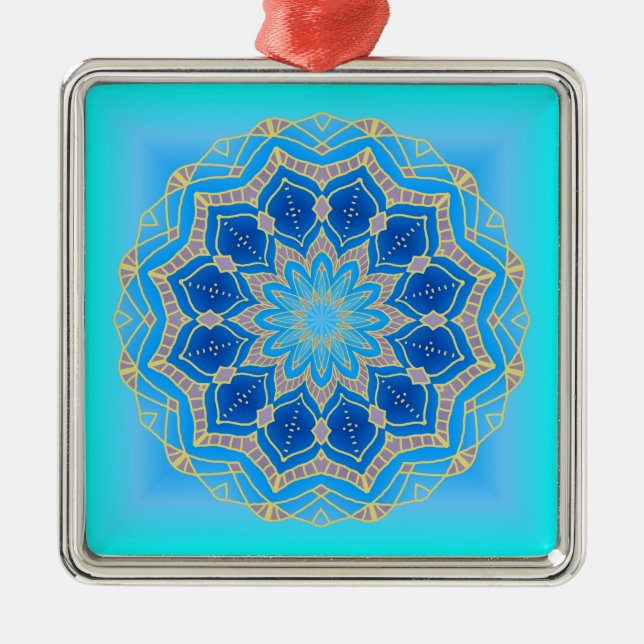 Lotus mandala in Türkis und Blau Silbernes Ornament (Vorne)