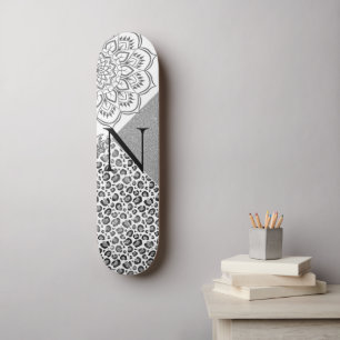 Lotus Mandala Leopard Silver Glitzer Monogram Skateboard